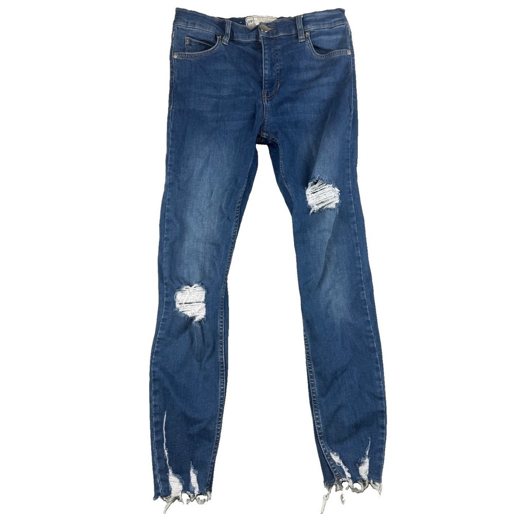 Free People Womens 27R Distressed Skinny Jeans Medium Wash Raw Hem Stretch Denim